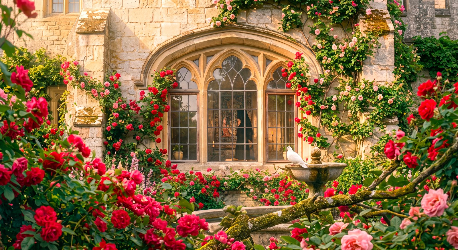 Jardín de rosas de un castillo encantado con una paloma blanca al atardecer dorado