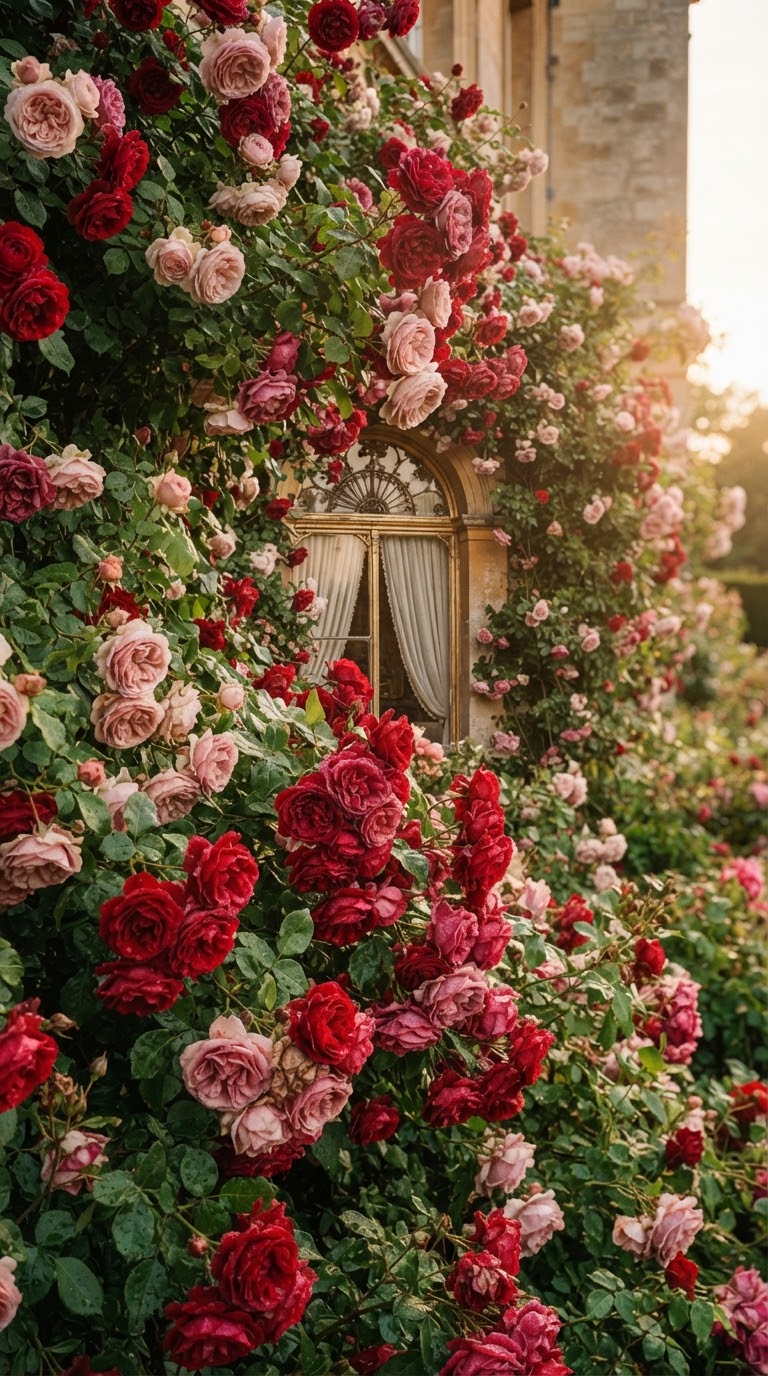 Jardín de rosas frondoso con una ventana del castillo, al atardecer dorado