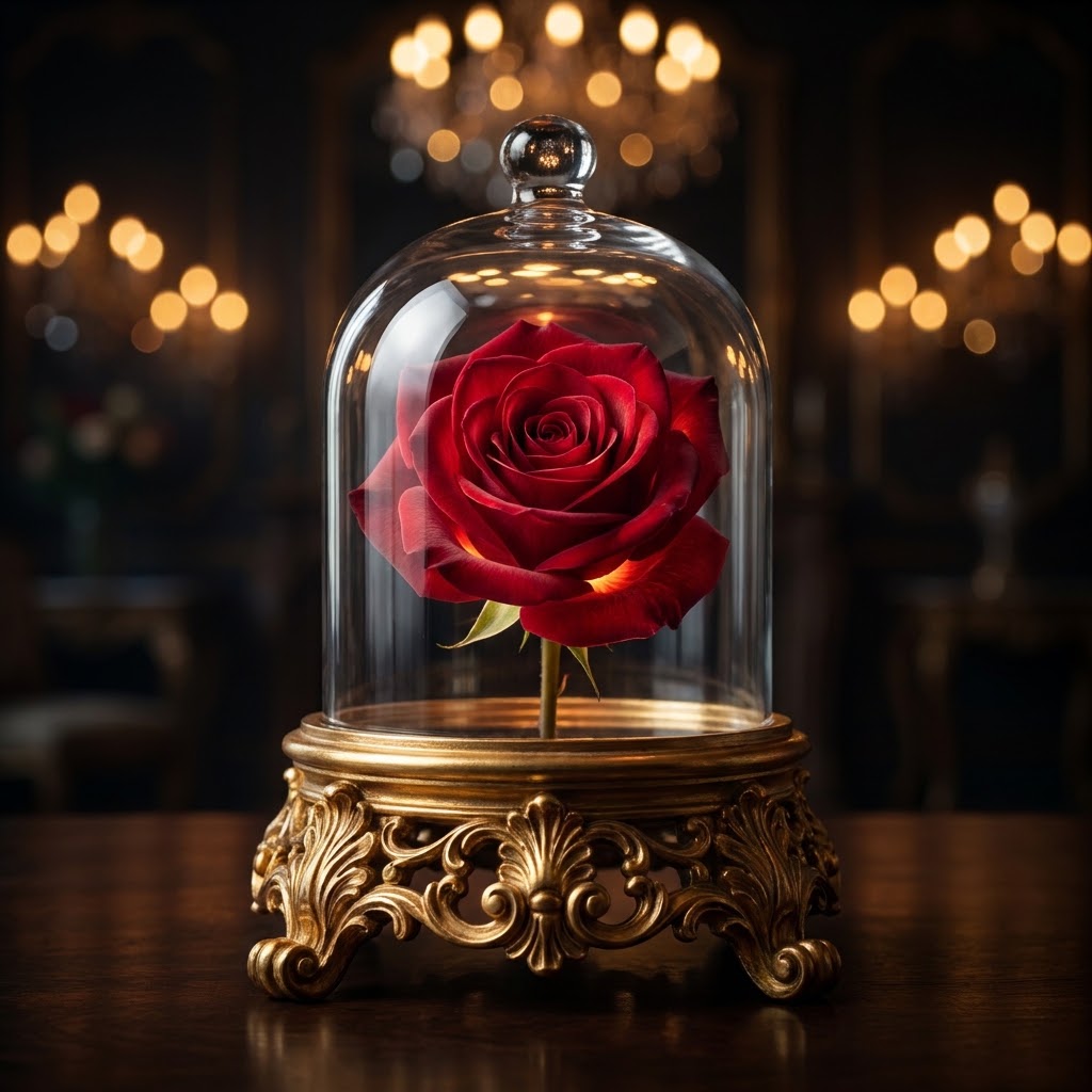La rosa encantada bajo la cúpula de cristal